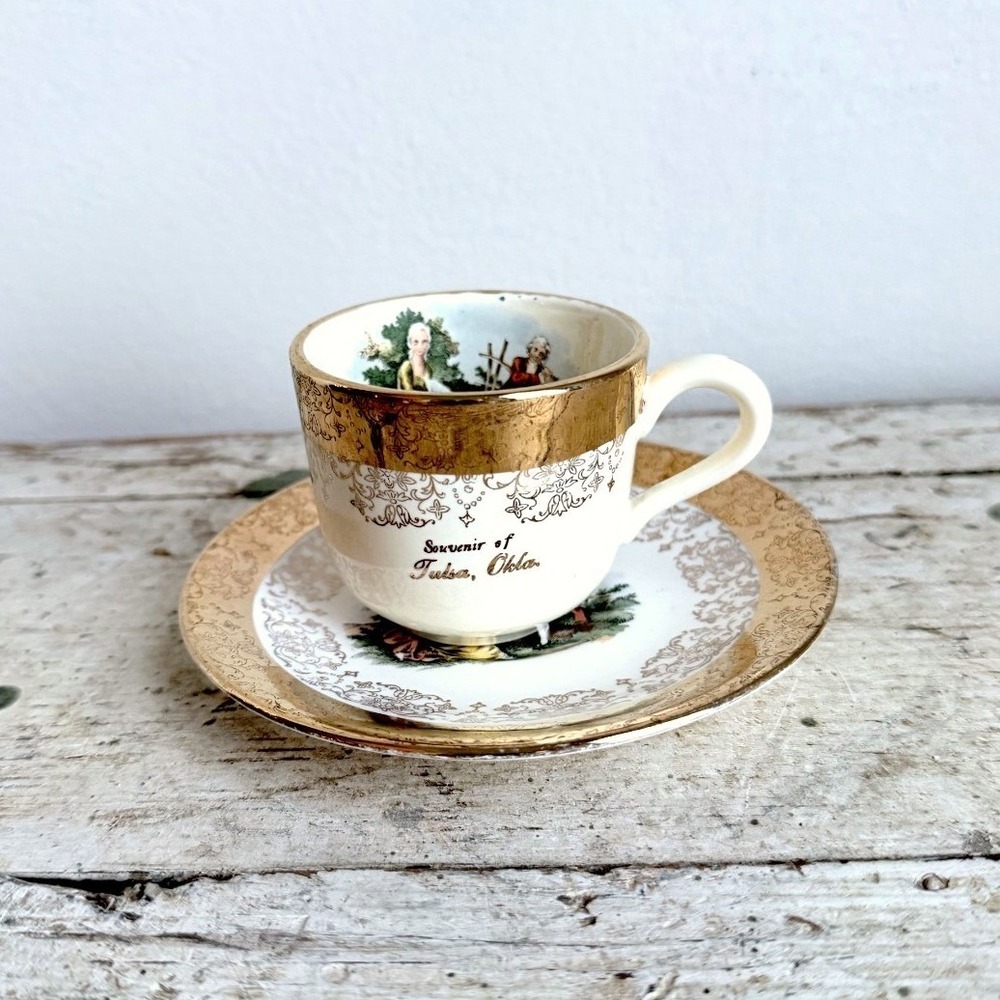 Vintage Sabin Crest O Gold 22K Tulsa Oklahoma Souvenir Cup Saucer